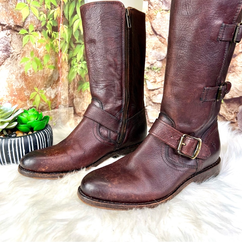 FRYE Brown Jaden Cuff Classic Heritage Buckle Leather Moto Boots, 6.5B - Picture 4 of 14
